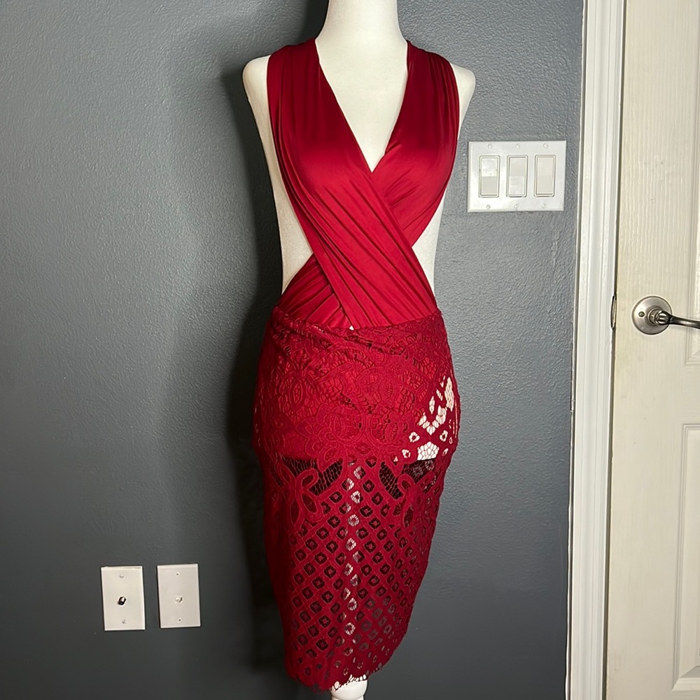 Sexy Wine Red Bodycon Multi-Way Lace Mini Dress